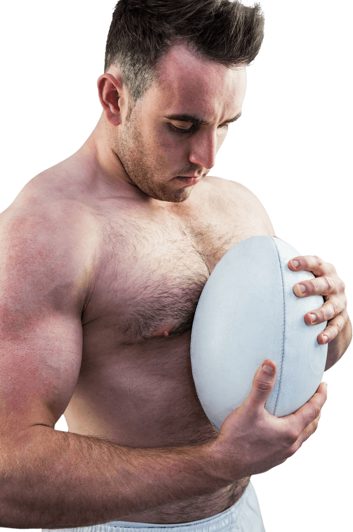 Shirtless Athlete Holding Rugby Ball With Transparence