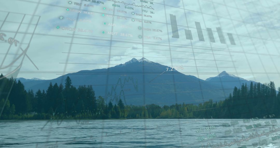 Nature and Analytics: Mountains Reflected on Lake and Digital Charts
