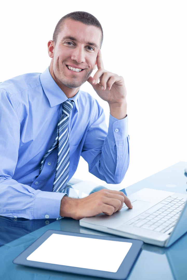 Transparent Businessman Smiling at Desk with Virtual Laptop