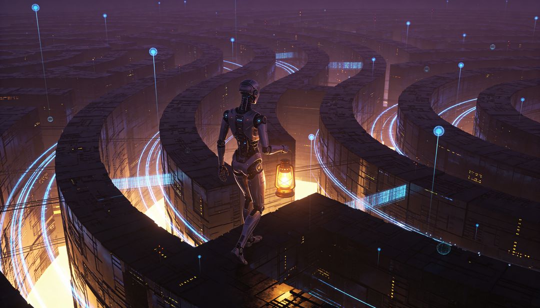 Android holding lantern surveying neon ring megastructure with glowing data trails at night