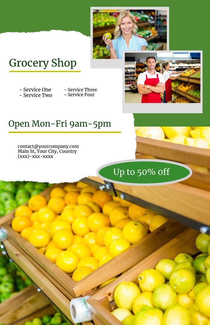 Grocery Shop Promotion Template with Fresh Produce and Friendly Staff Images - Download Free Stock Templates Pikwizard.com