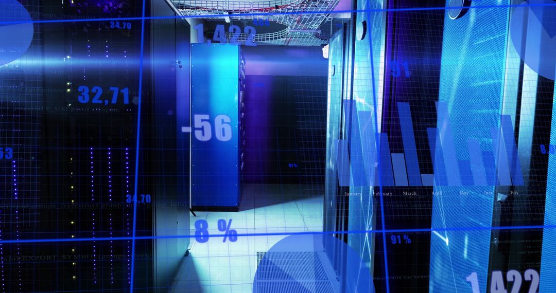 Futuristic Data Center with Digital Overlay and Blue LED Lighting