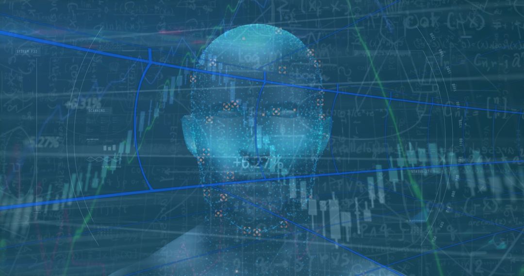 Futuristic Blue AI Head with Digital Data Overlay