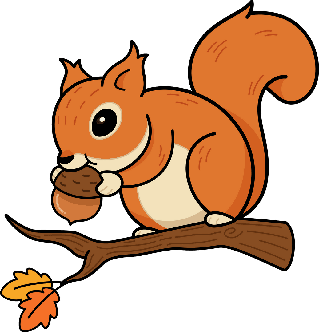 Cartoon Squirrel Holding Acorn on Branch with Fall Leaves