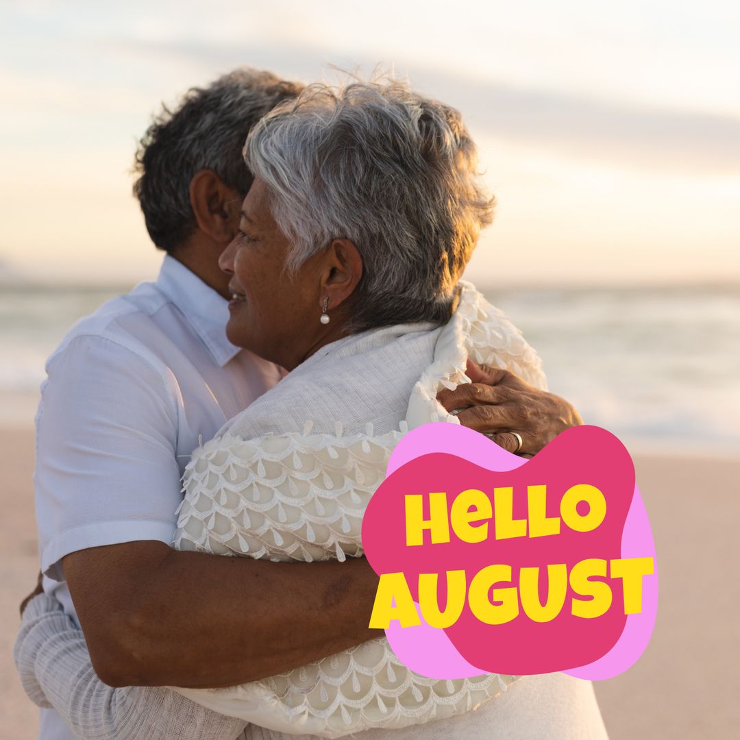 Senior Couple Embracing Joyful Summer on Beach with Greeting