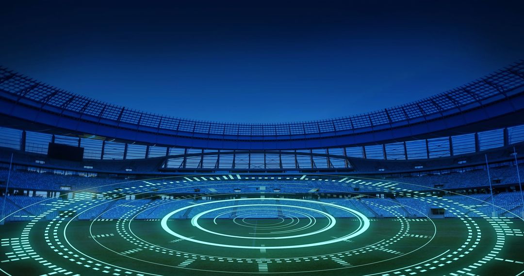 Digital Interface Scanning Over Modern Sports Stadium at Night