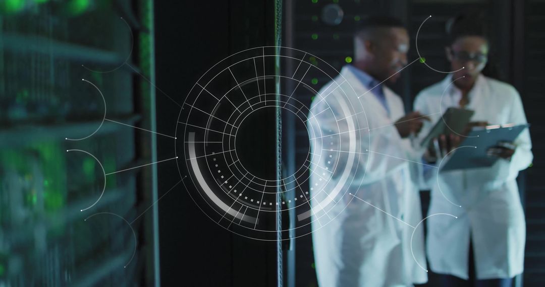 African American Engineers Discussing in Modern Server Room with Digital Interface