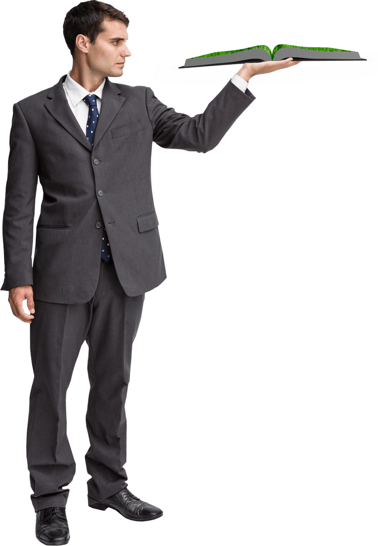Caucasian Businessman Holding Open Book on Transparent Background