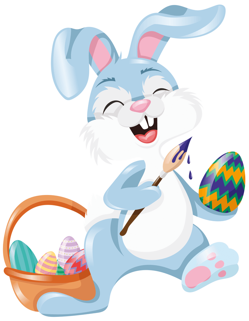Cheerful Easter Rabbit Painting Eggs Illustration on Transparent Background