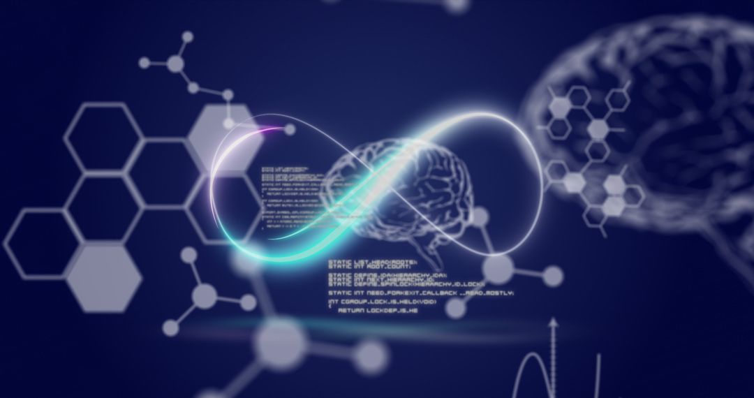 Glowing Infinity Sign over Brain with Digital Network Elements