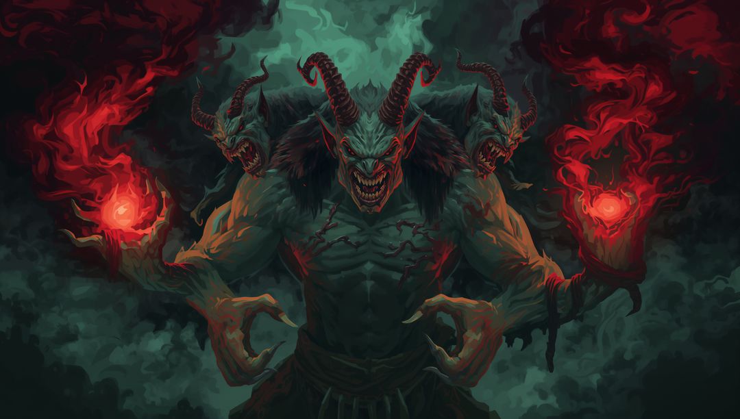 Three-Headed Demon Summoning Fiery Red Orbs in Mystical Infernal Chamber