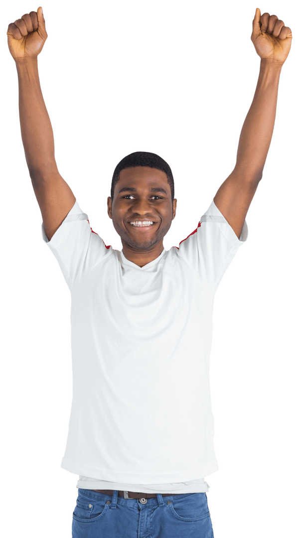 Excited Man Cheering with Raised Arms Transparent Background