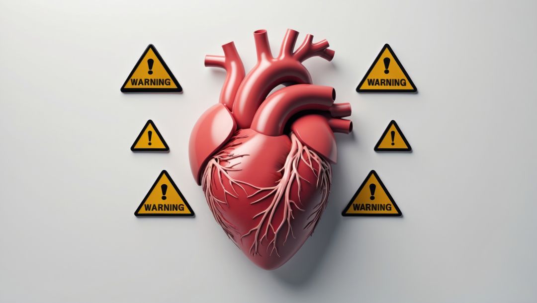 Anatomical heart with warning signs highlighting health risks, cardiovascular diseases concept