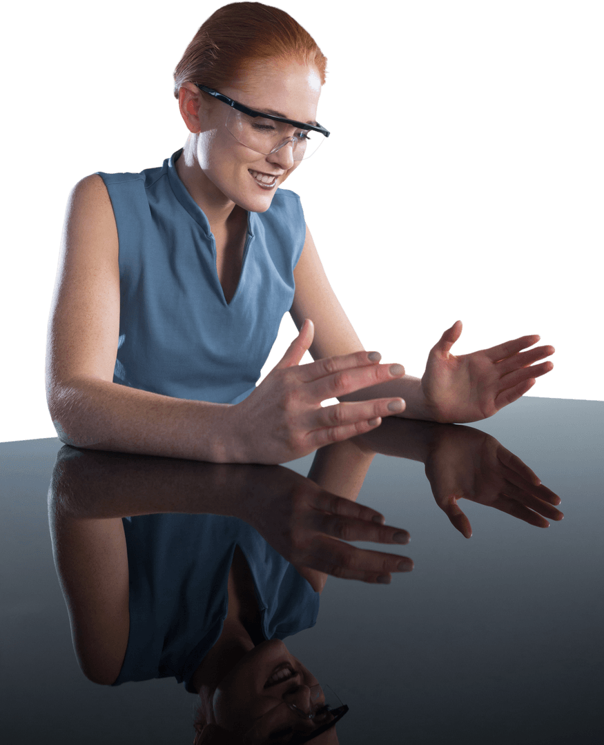 Transparent Enthusiastic Businesswoman in Modern Smart Glasses