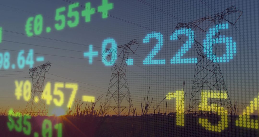 Electric Pylons at Sunset with Financial Data Overlay
