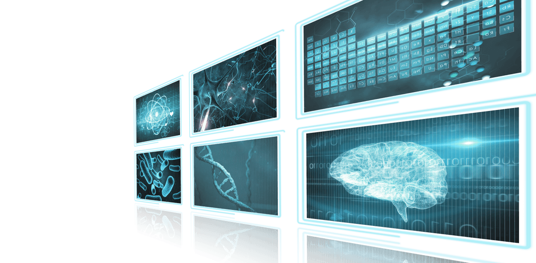 Transparent Digital Screens Displaying Science Data Illustrations