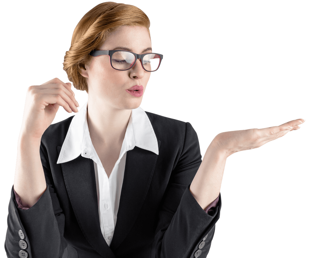 Transparent Businesswoman Presenting with Open Hand Gesture