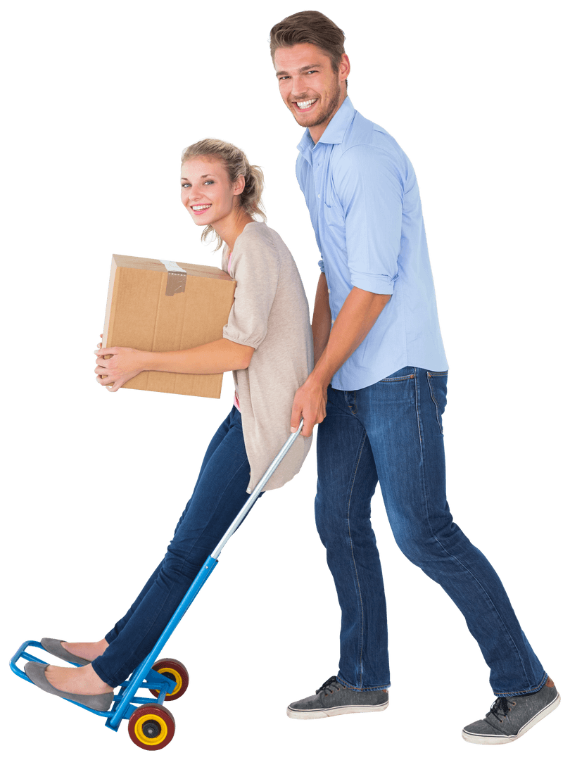 Cheerful Couple on Moving Trolley Having Fun Transparent Background