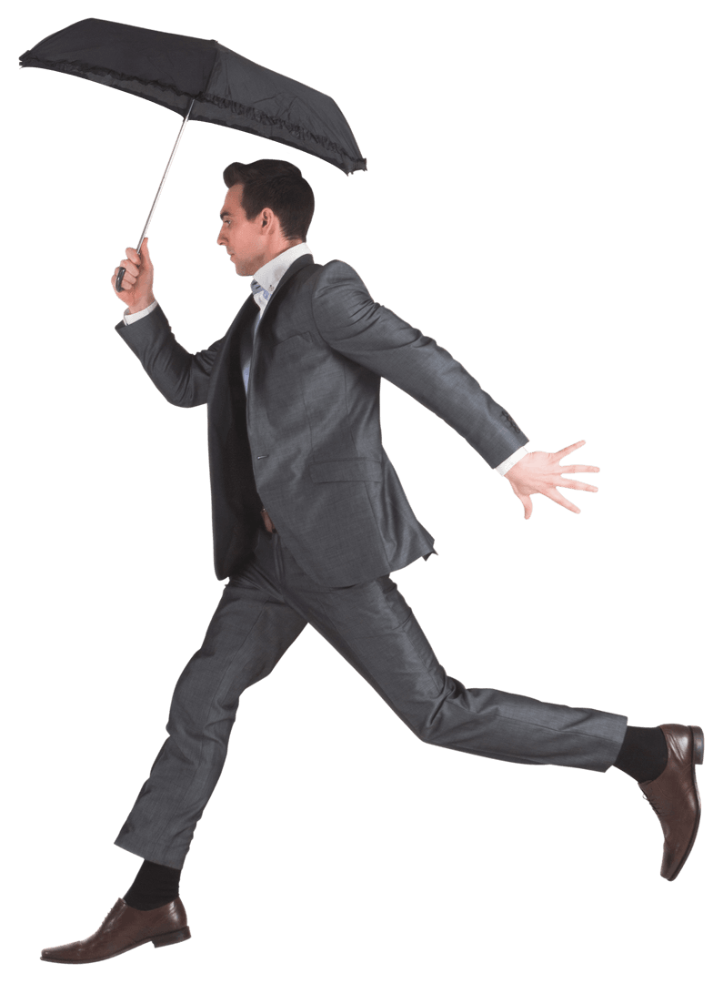 Transparent Jumping Businessman Holding Umbrella