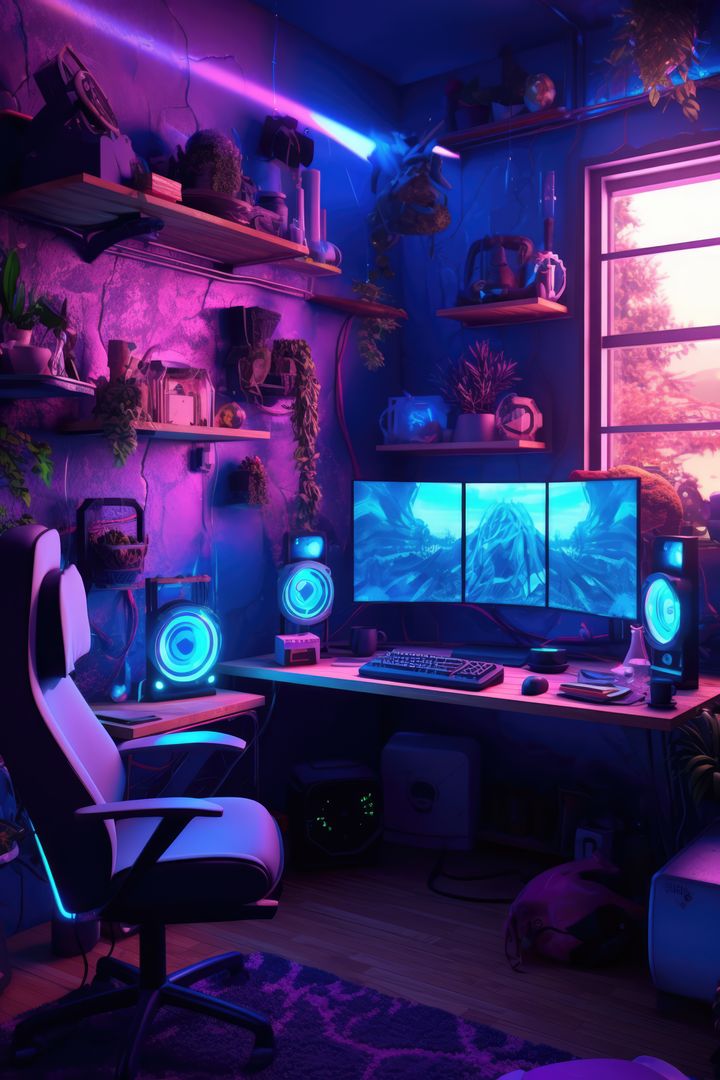 Futuristic Gaming Room with Neon Purple Lighting - Free Images, Stock Photos and Pictures on Pikwizard.com