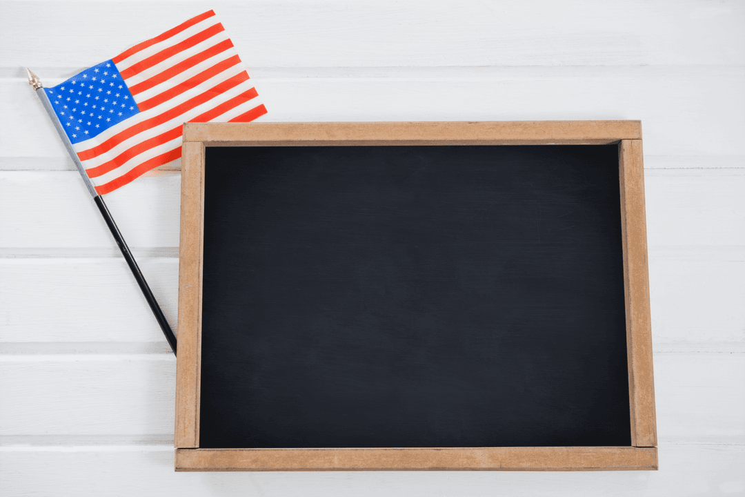 Transparent Chalkboard with American Flag on Wooden Background