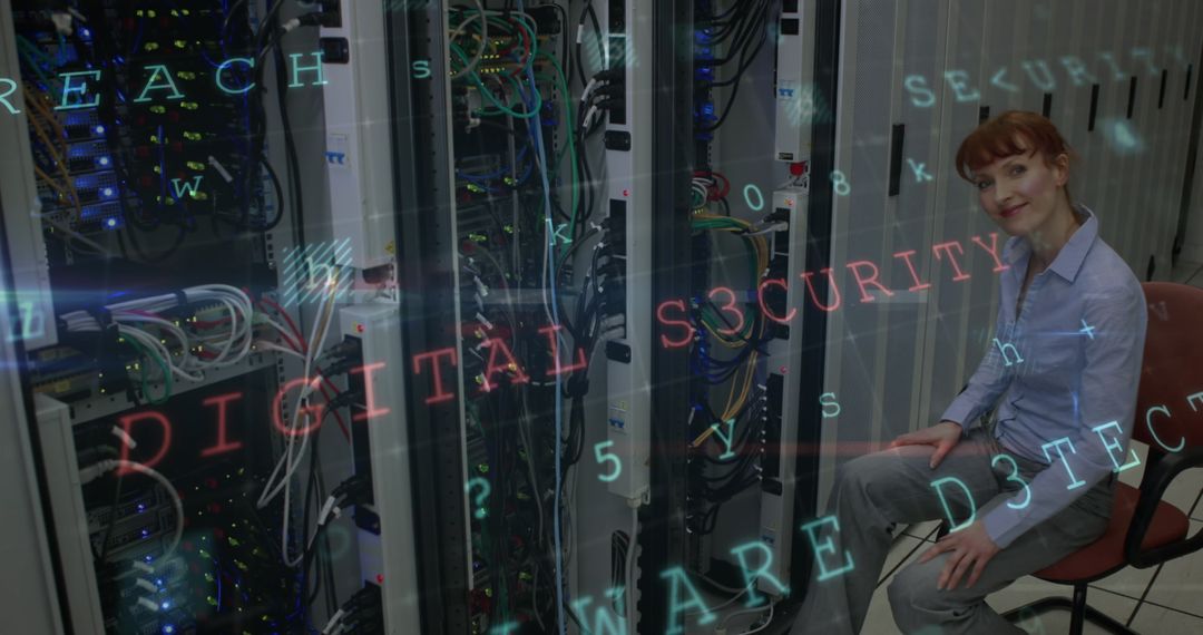 Data Technician in Server Room with Cybersecurity Alert Overlay