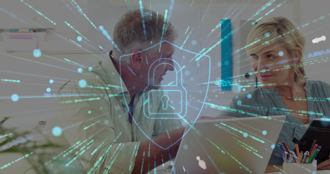 Cybersecurity Professionals Analyzing Data with Technology Overlay