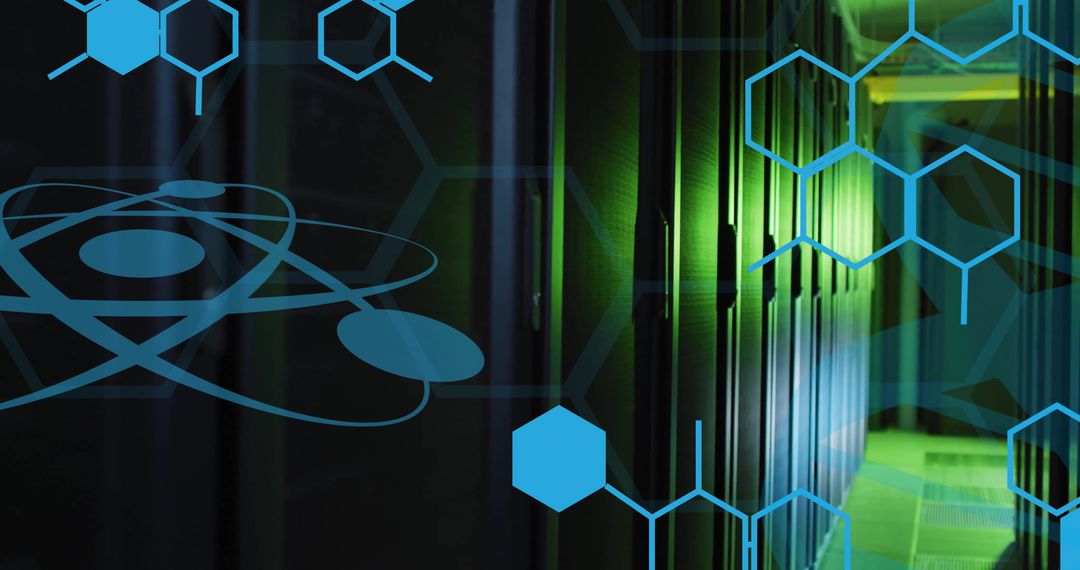 Futuristic Server Room with Digital Hexagon Overlay