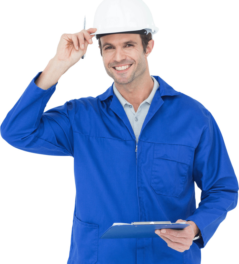 Smiling Industrial Supervisor in Blue Uniform with Transparent Background