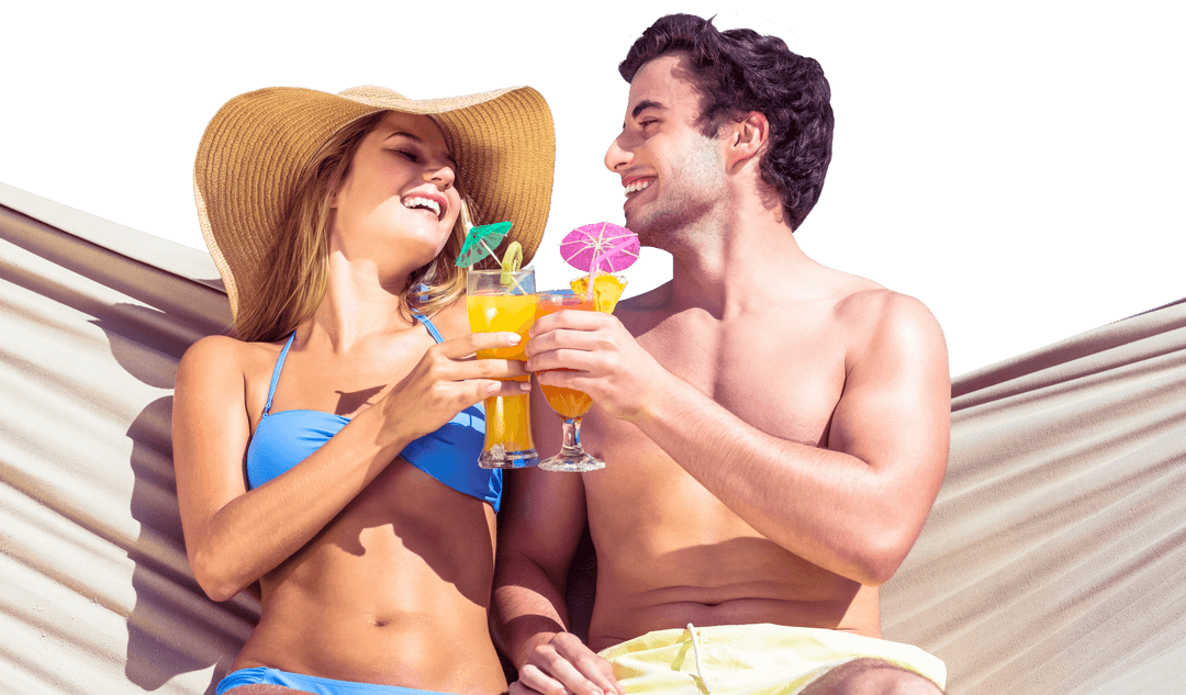 Happy Couple Relaxing on Hammock with Drinks Transparent Background