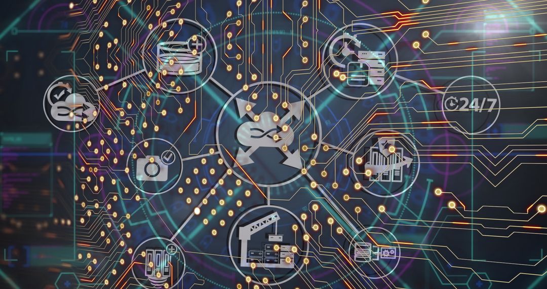 Futuristic Tech Icons Over Integrated Circuit Board Background