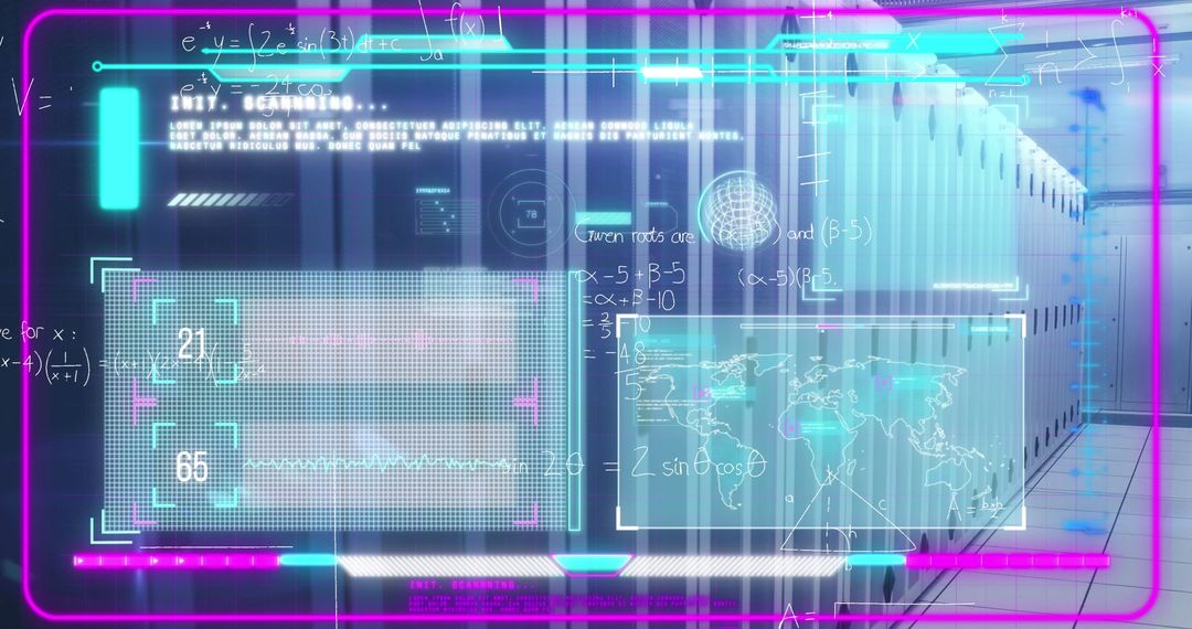 Futuristic Digital Interface Displaying Data Over Server Room
