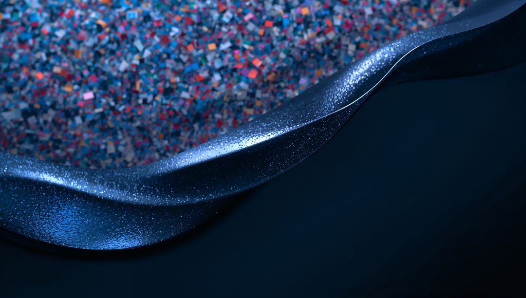 Shimmering Twisted Metallic Ribbon with Glitter Droplets and Colorful Mosaic Backdrop