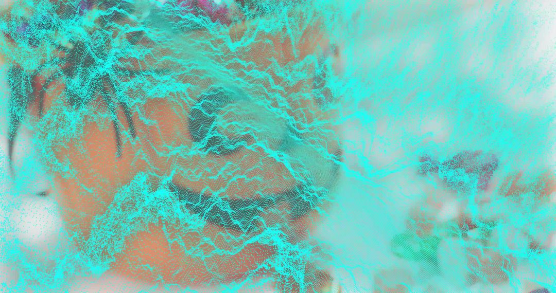 Flowing turquoise-cyan filaments forming ridged waves on peach gray textured canvas