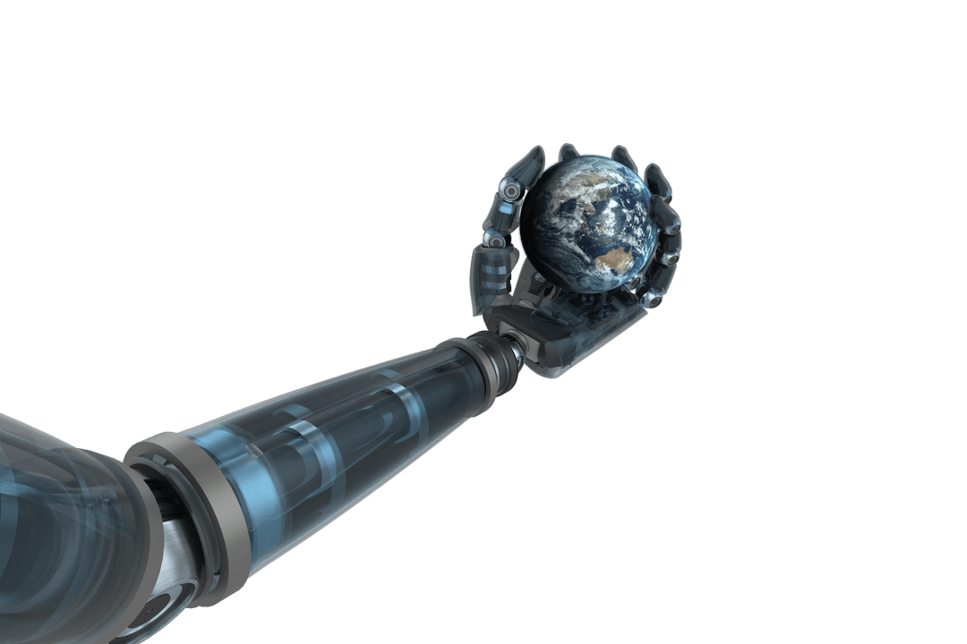 Transparent Futuristic Cyborg Hand Holding Earth