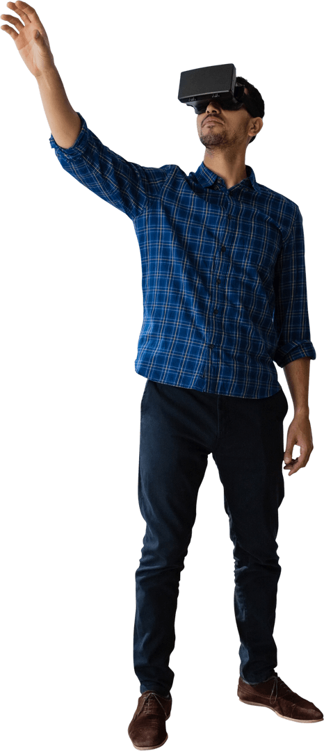 Transparent descriptor: man engaging with virtual reality technology