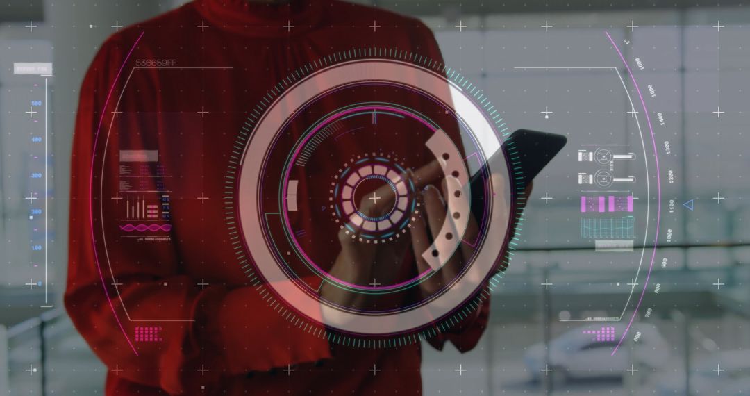Woman Using Smartphone with Futuristic Data Interface Display