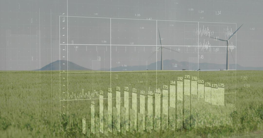 Wind Farm Showing 3D Data Visualization Over Green Field for Renewable Energy Analytics
