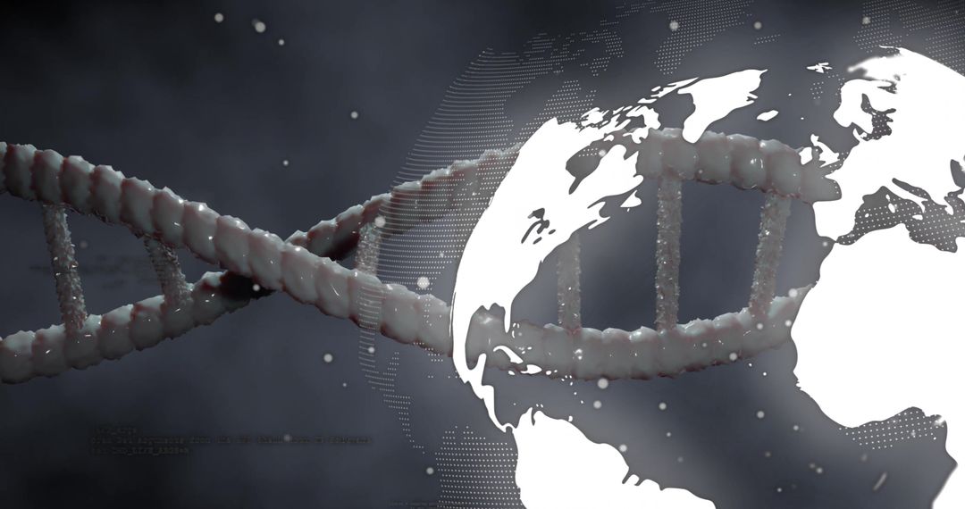 DNA Strand Intertwines with Digital Globe on Dark Background