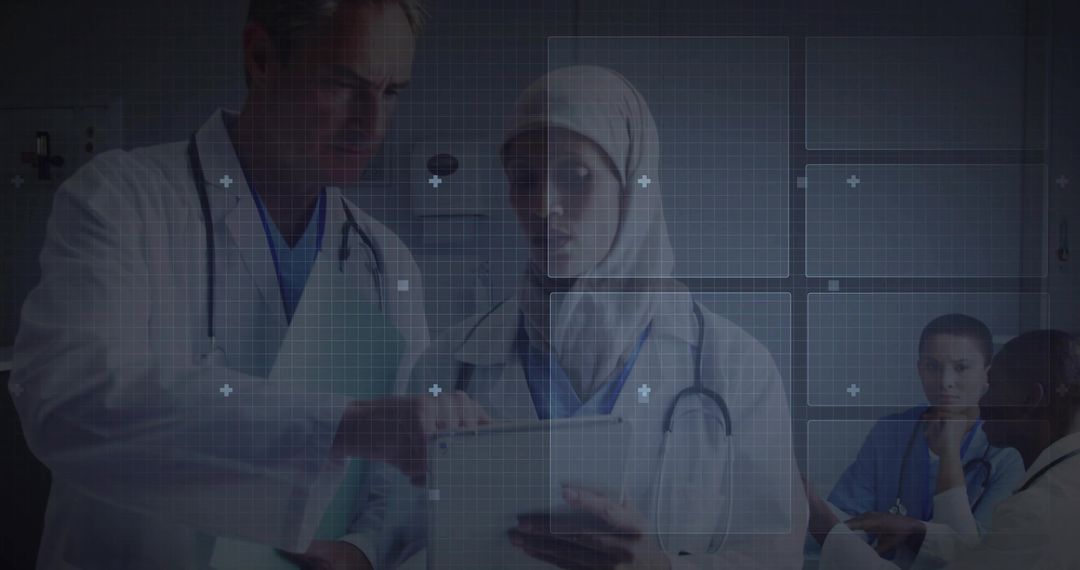 Multicultural medical team collaborating on digital tablet with clinical dashboard overlay