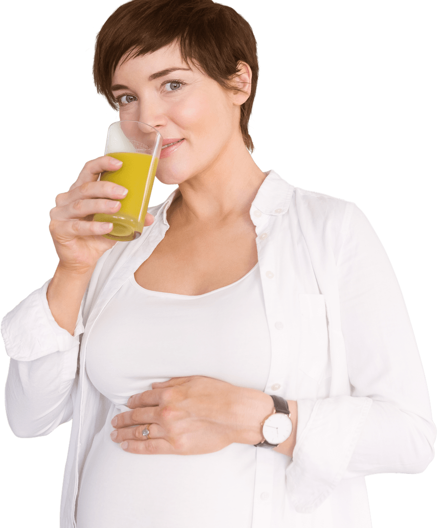 Pregnant Woman Transparent Background Drinking Orange Juice Smiling