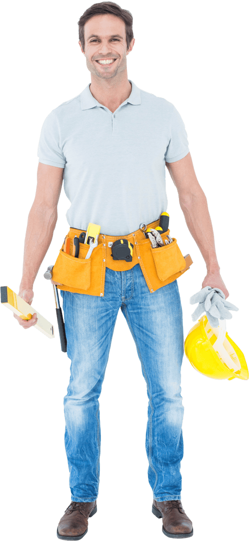 Transparent Portrait of Smiling Repairman in Denim Holding Tools and Gear