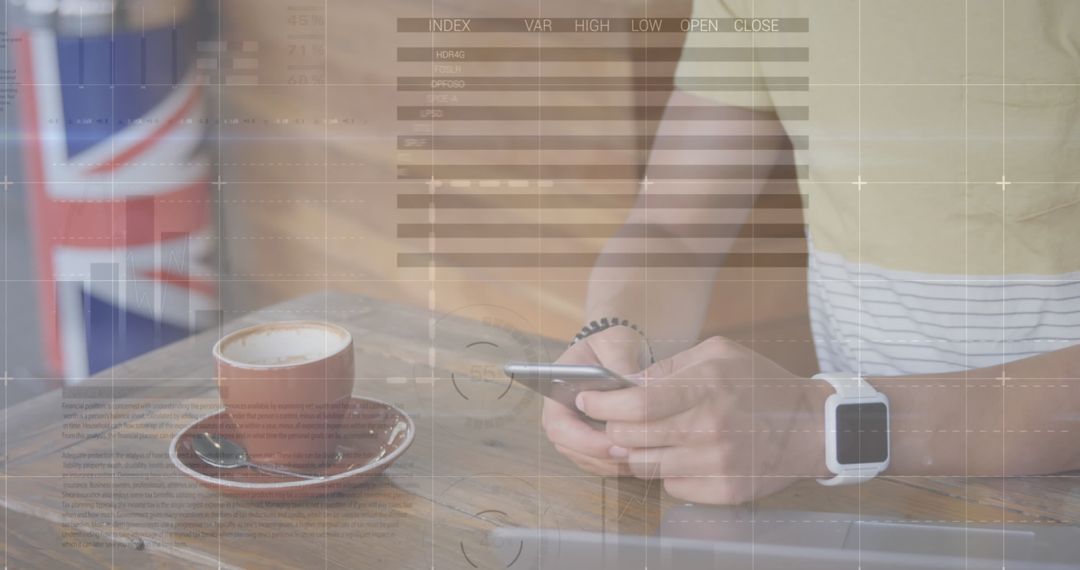 Digital Business Analytics and Man Using Smartphone in Cafe