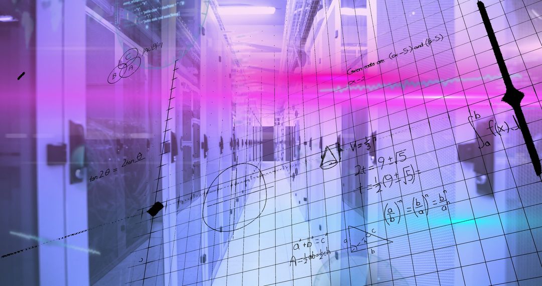 Futuristic Data Center with Calculations and Grid Overlay