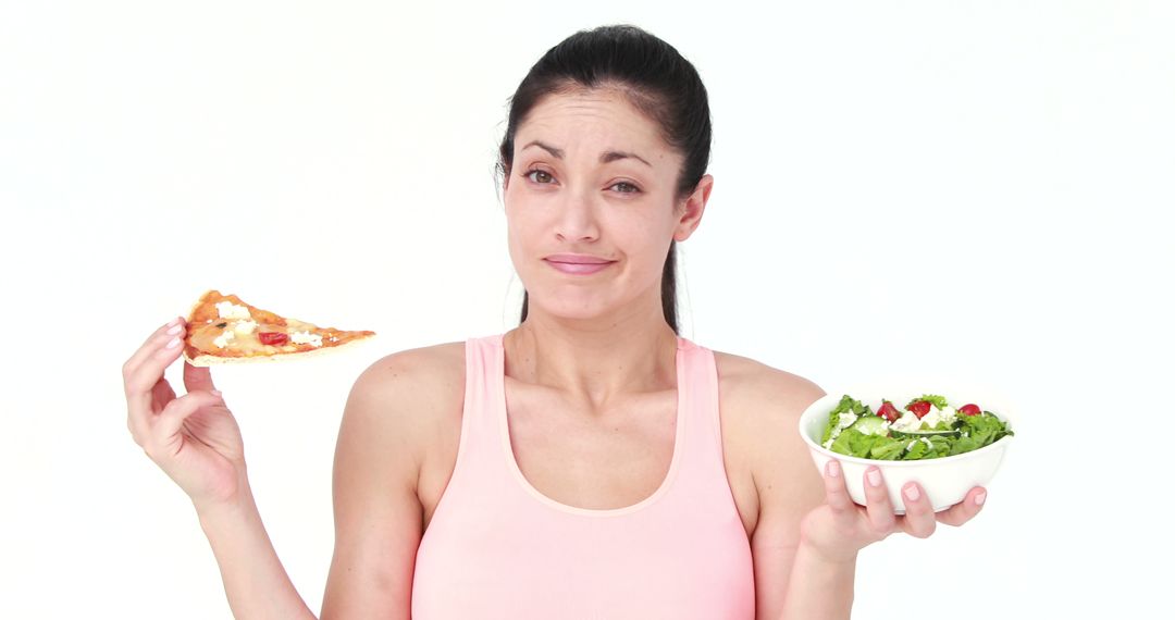 Woman Choosing Between Slice of Pizza and Bowl of Salad - Free Images, Stock Photos and Pictures on Pikwizard.com