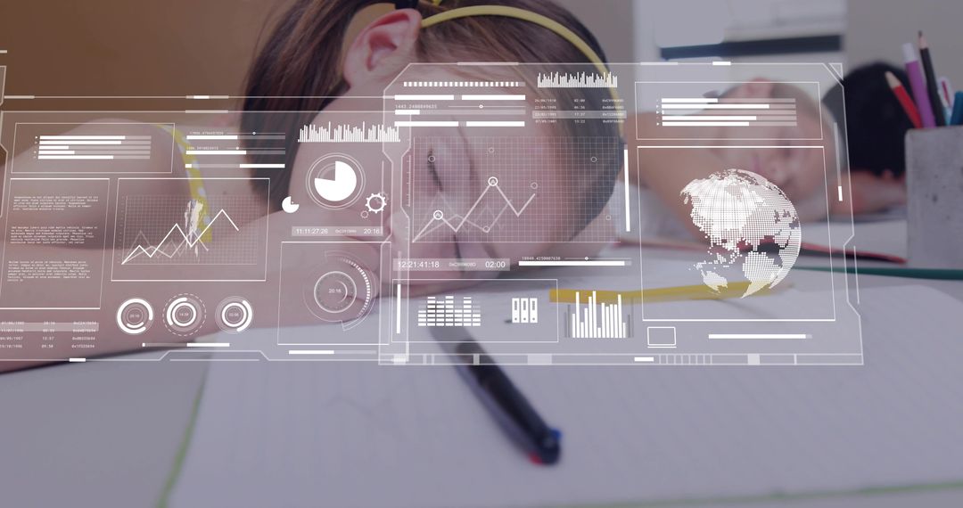 Young Student Leaning on Desk with Futuristic HUD Data Charts and Global Analytics Overlay