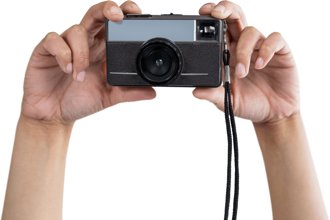 Transparent Hands Holding Vintage Camera Pointed Forward