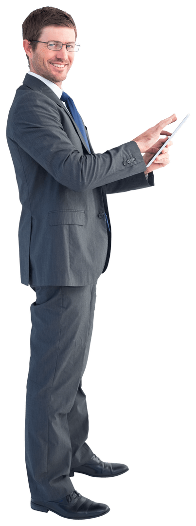 Businessman in Suit Using Tablet with Transparent Background