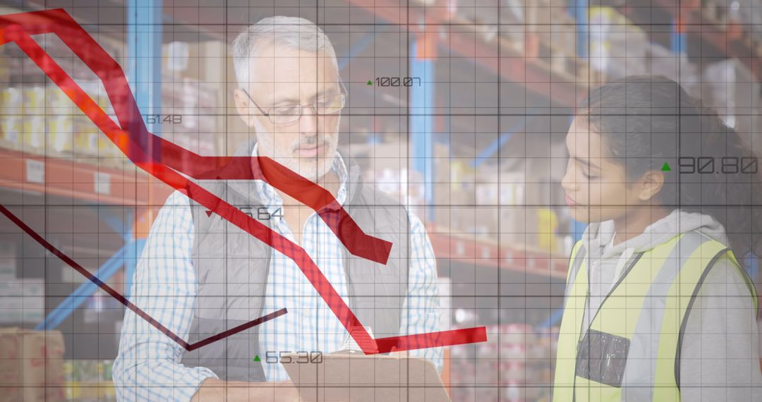 Warehouse Workers Analyzing Business Decline with Digital Financial Graphs