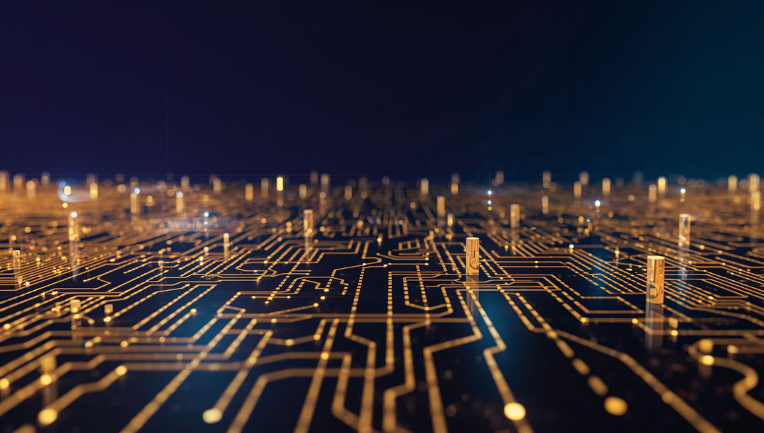 Glowing gold circuit traces and vertical pins on glossy black PCB for futuristic tech